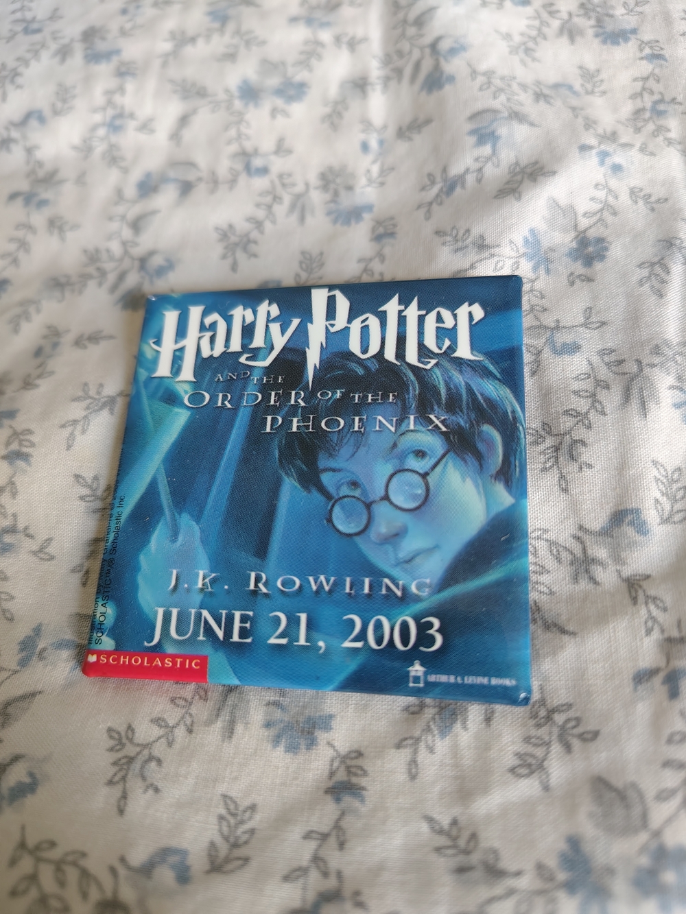 Scholastic Harry Potter Blue Promotional Pin- Release Date Art